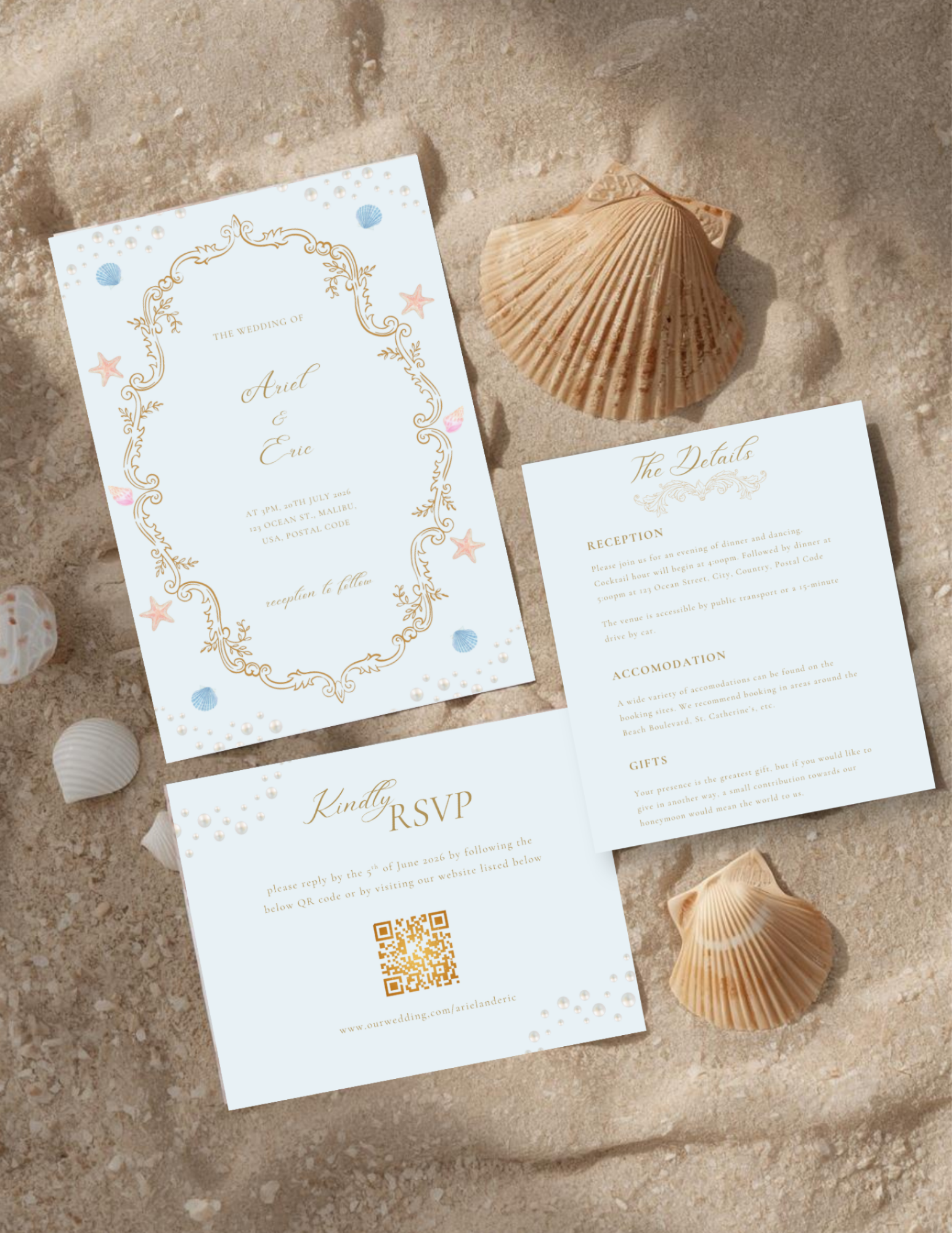 Ocean Wedding Invitation Suite | Editable Beach Wedding Invite Template with RSVP and Details Card | Coastal Seashell and Starfish Design | Printable