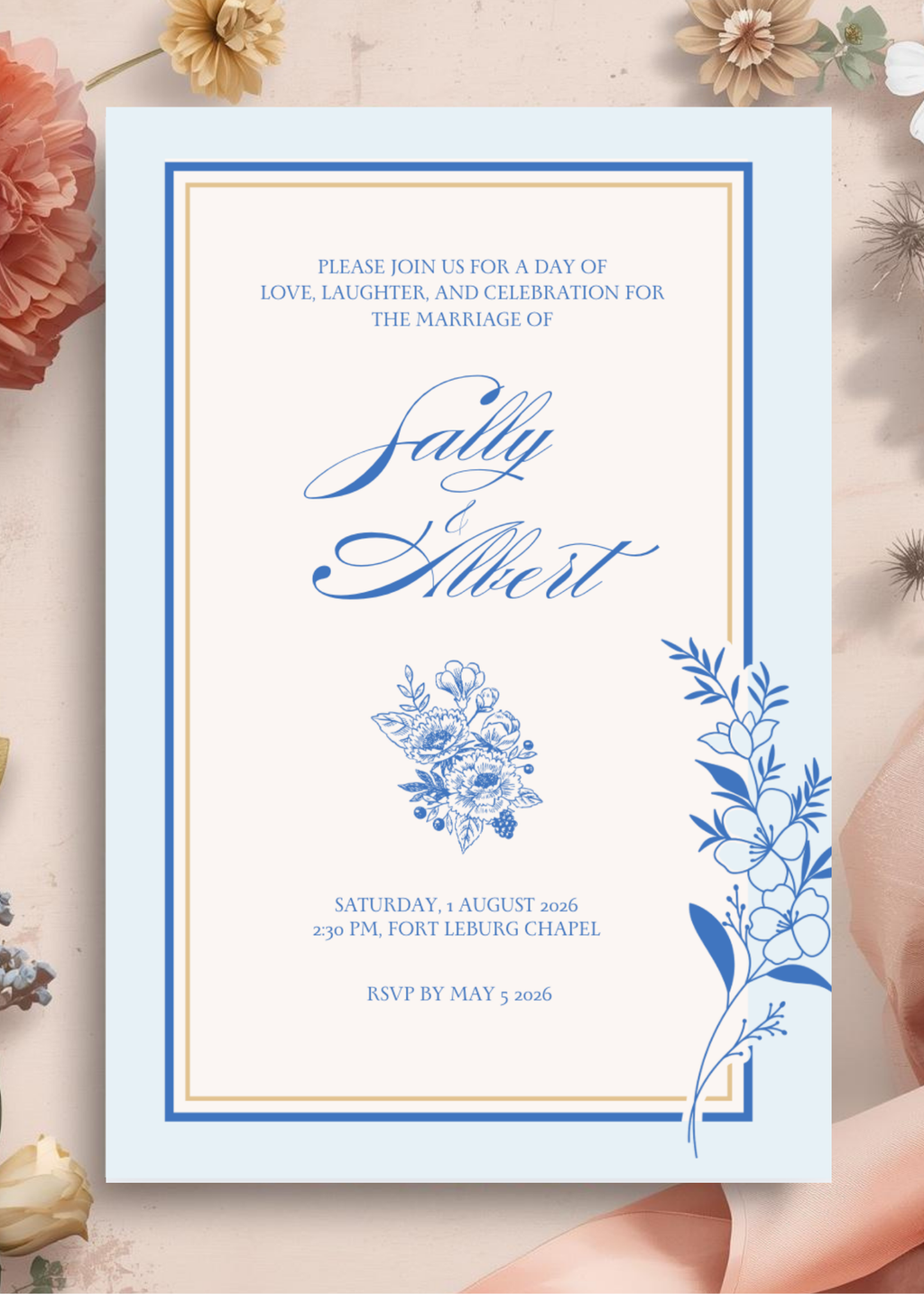 Something Blue Floral Wedding Invitation Template | Editable Canva Invite, Instant Download