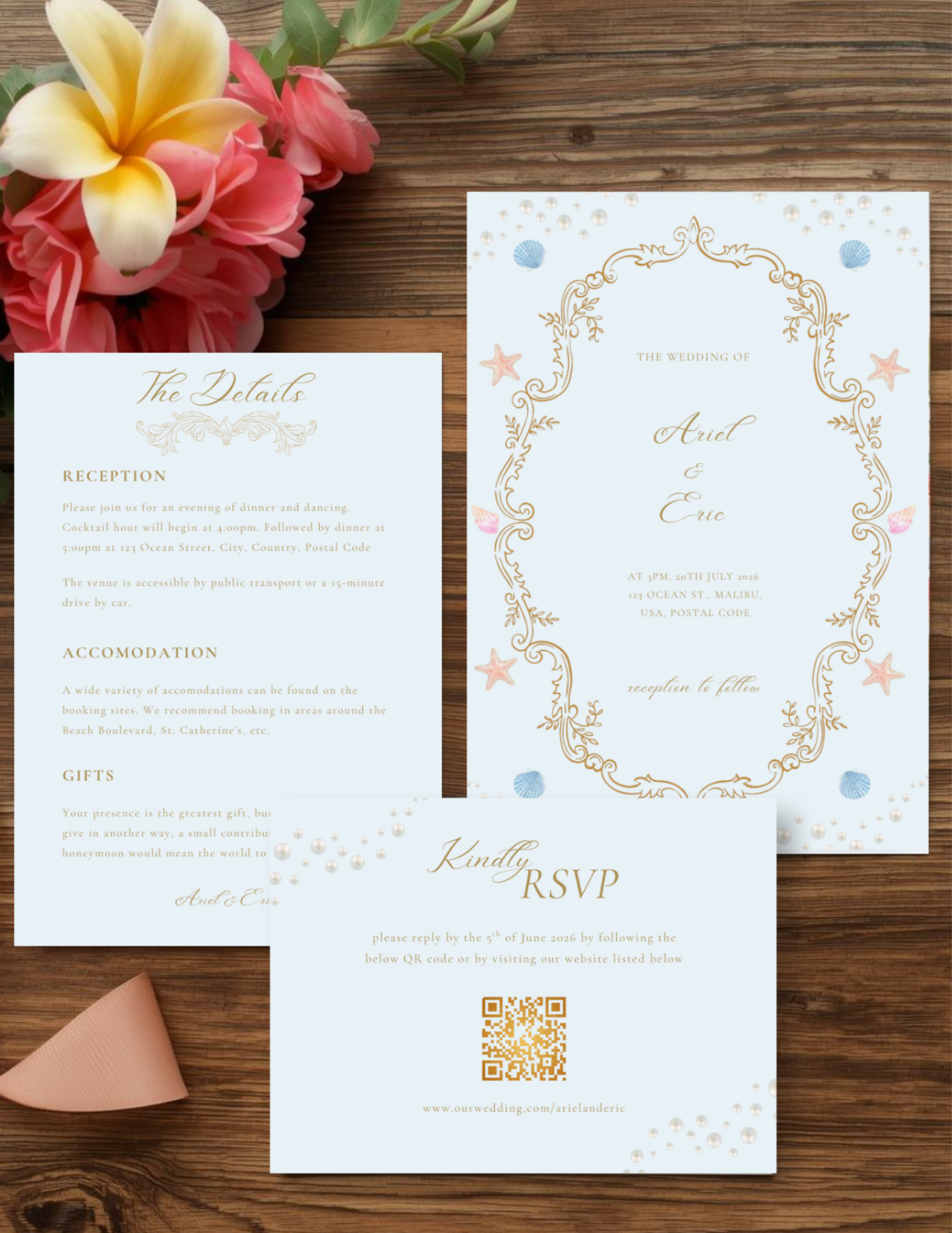 Ocean Wedding Invitation Suite | Editable Beach Wedding Invite Template with RSVP and Details Card | Coastal Seashell and Starfish Design | Printable