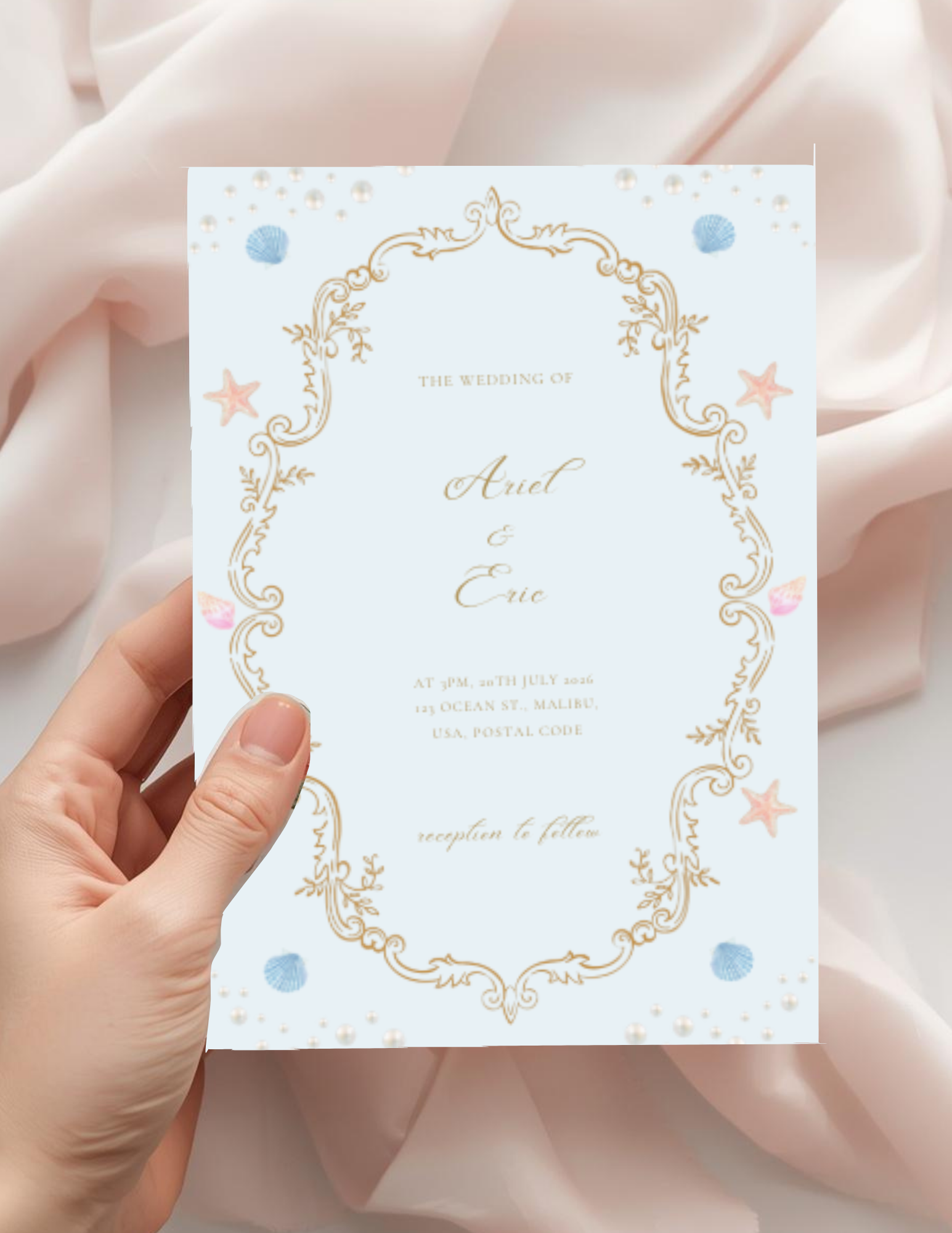 Ocean Wedding Invitation Suite | Editable Beach Wedding Invite Template with RSVP and Details Card | Coastal Seashell and Starfish Design | Printable