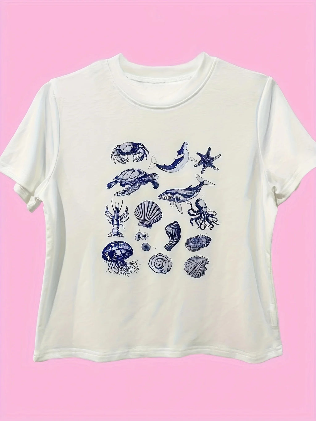 Ocean Vibes Crew Neck Tee | Aesthetic Animal Print Top
