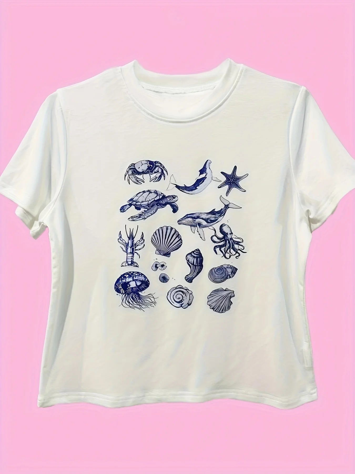 Ocean Vibes Crew Neck Tee | Aesthetic Animal Print Top