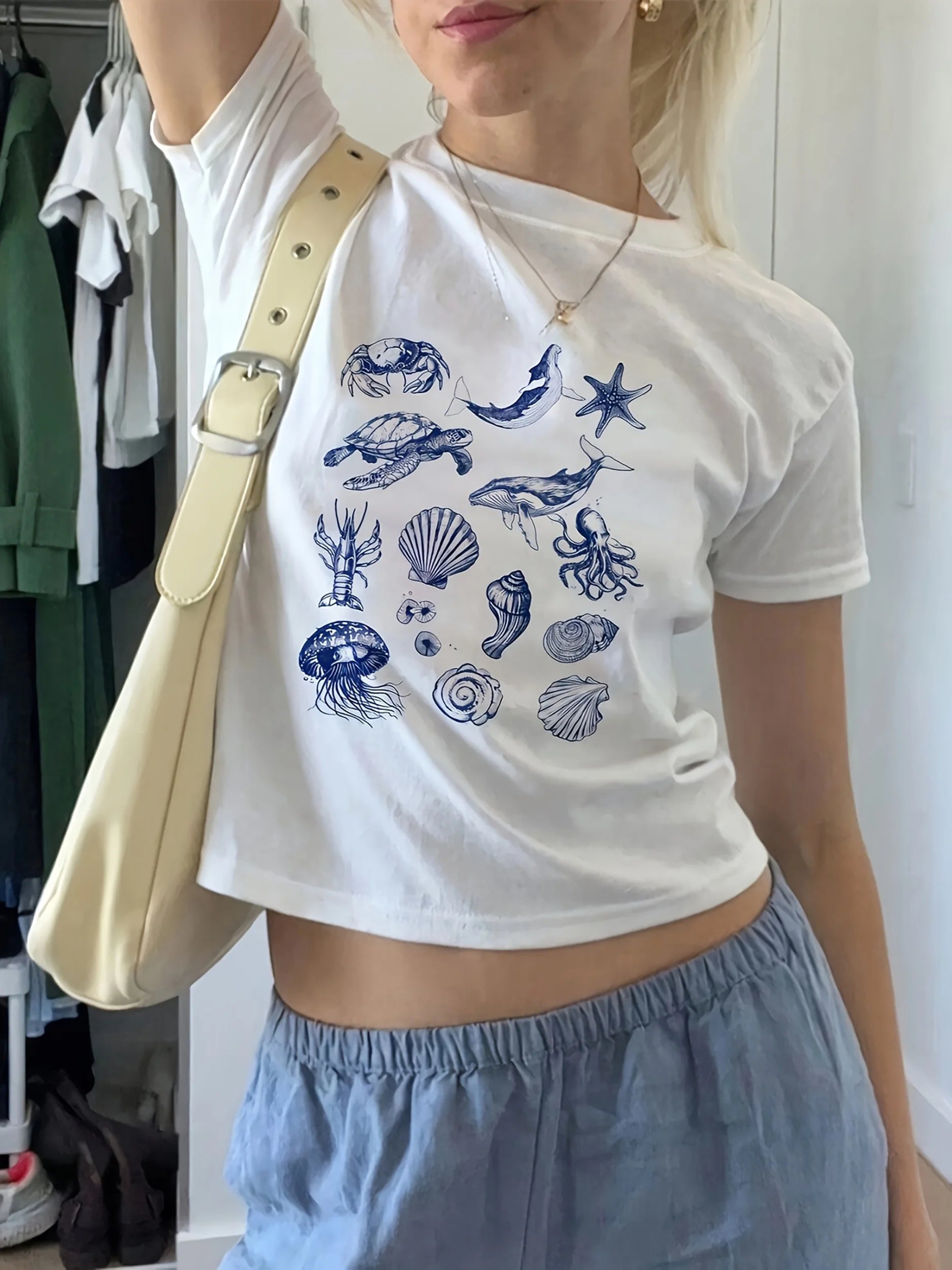 Ocean Vibes Crew Neck Tee | Aesthetic Animal Print Top